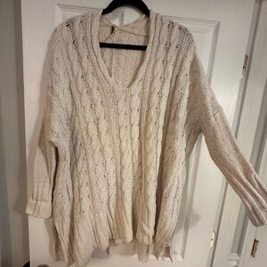 Free People Women’s White Chunky Knit Oversized V Neck Sweater - Medium